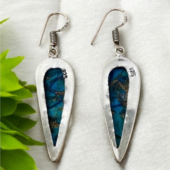 Copper Blue Turquoise Silver Earrings - Picture 4 of 4
